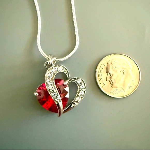 Sterling Silver 925  Red and Clear CZ Heart Pendant with SS Plate Chain - Picture 2 of 5